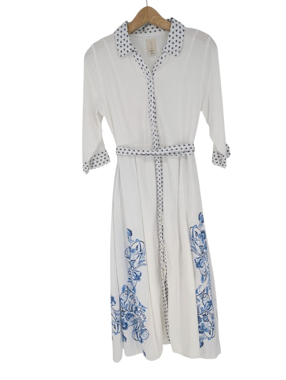 Joie Linen Blend Button Front Midi Dress White Blue Medium